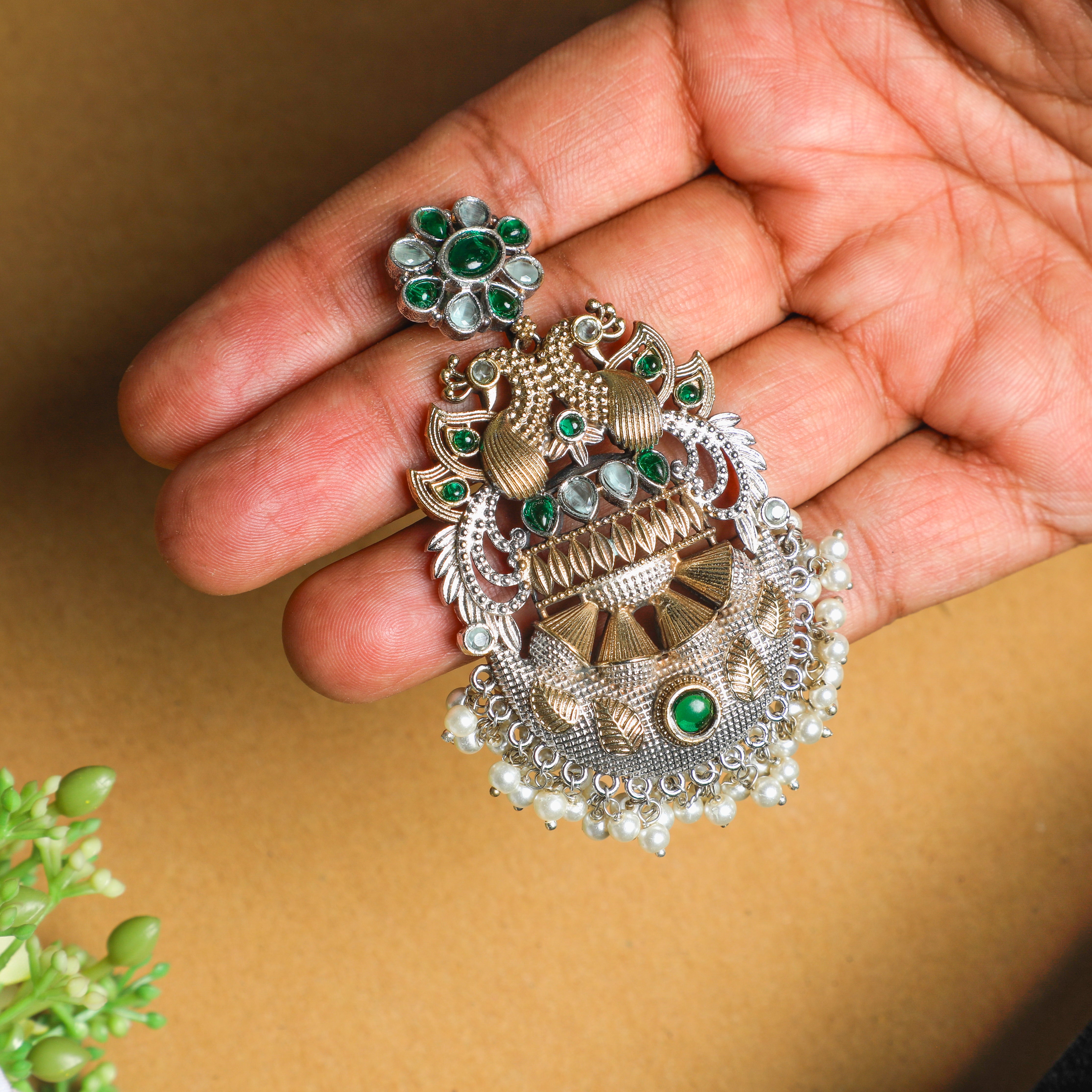 Antique Peacock Green Stone Danglers